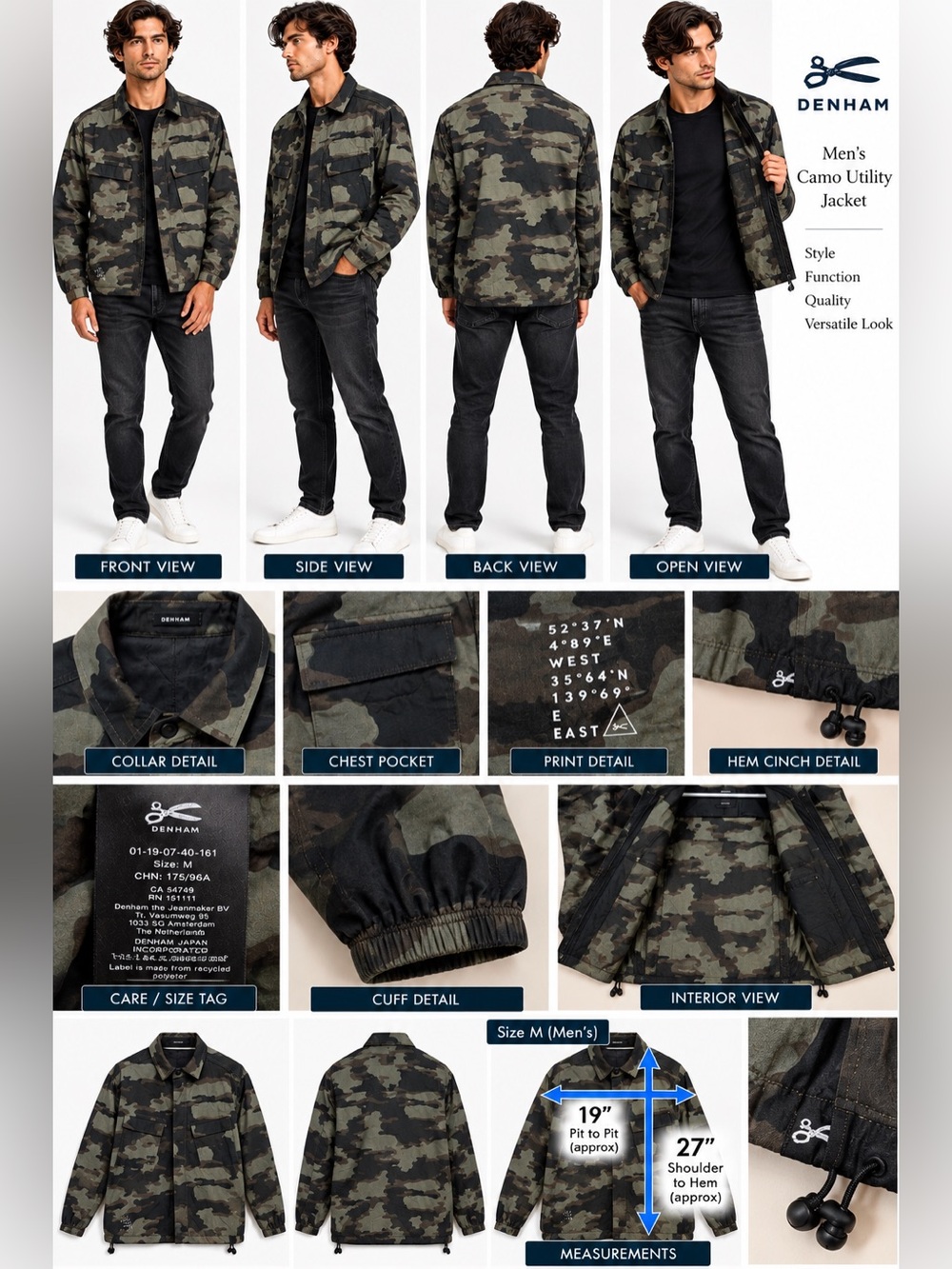 Denham Men’s M Camo Utility Jacket Woodland Camouflage Military Cinch Hem